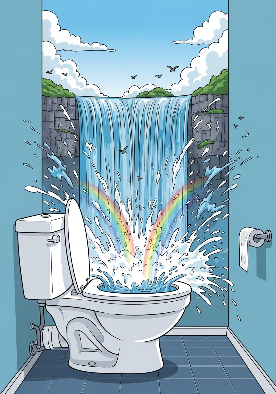Affiche humoristique : une cuvette de WC d'où jaillissent les chutes du Niagara avec des éclaboussures partout